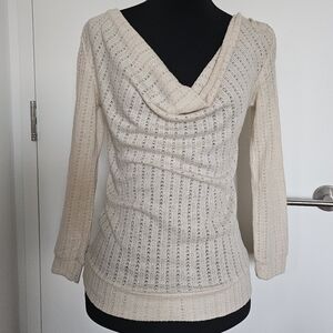 Cecil Mcbee Gyaru Cream Cowl Neck Thin Knit Sweater With Rhinestone Cutout